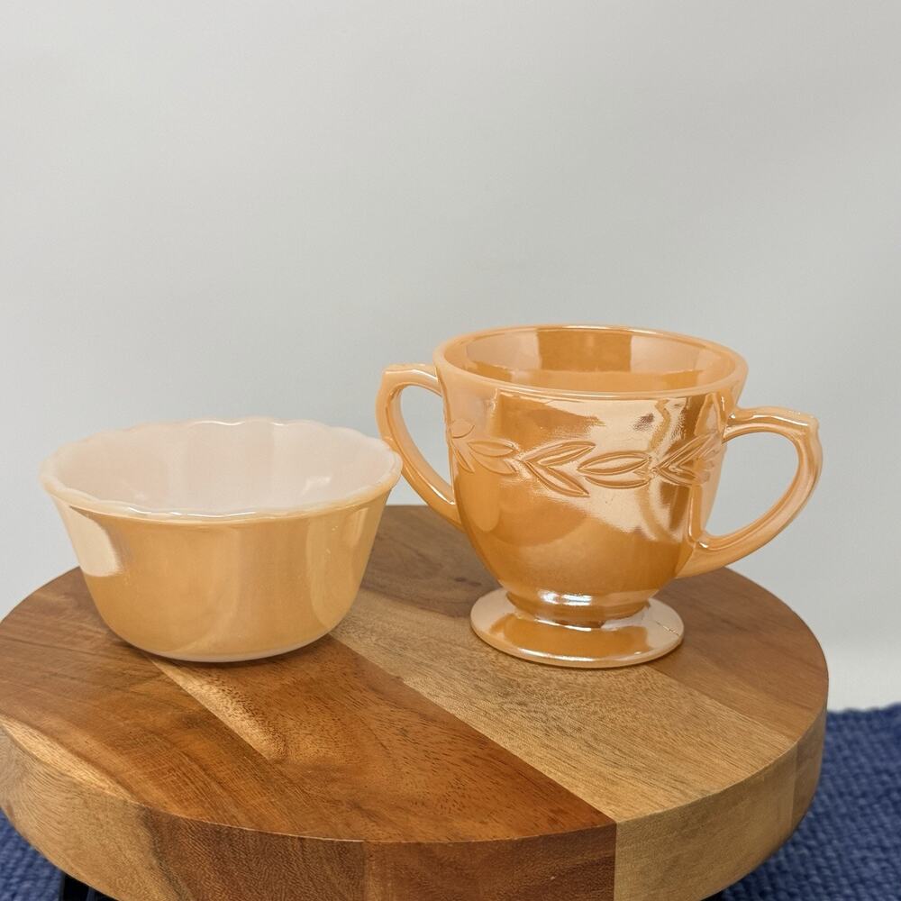 Vintage Anchor Hocking Fire King Peach Luster set Sugar